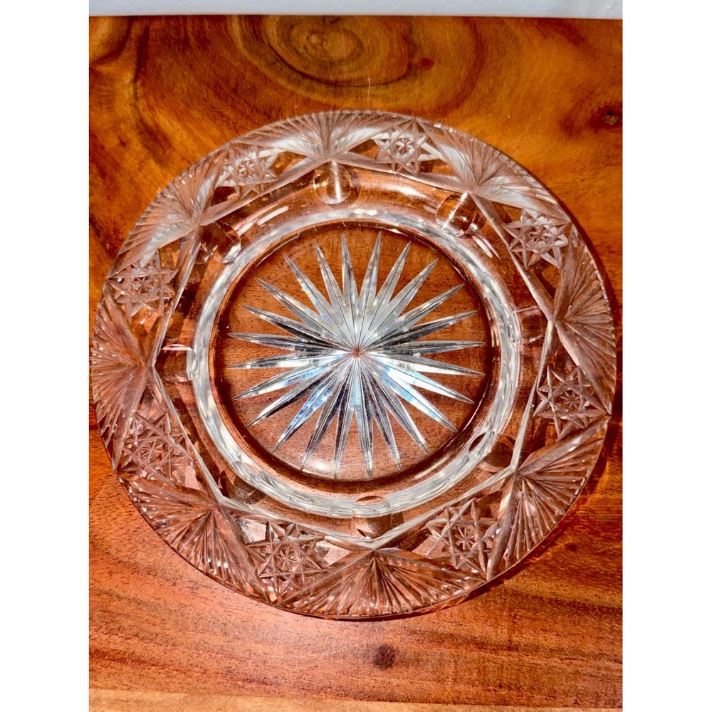 Vintage Cut Glass Round Ashtray Crystal Cut Starburst Geometric Pattern Heavy